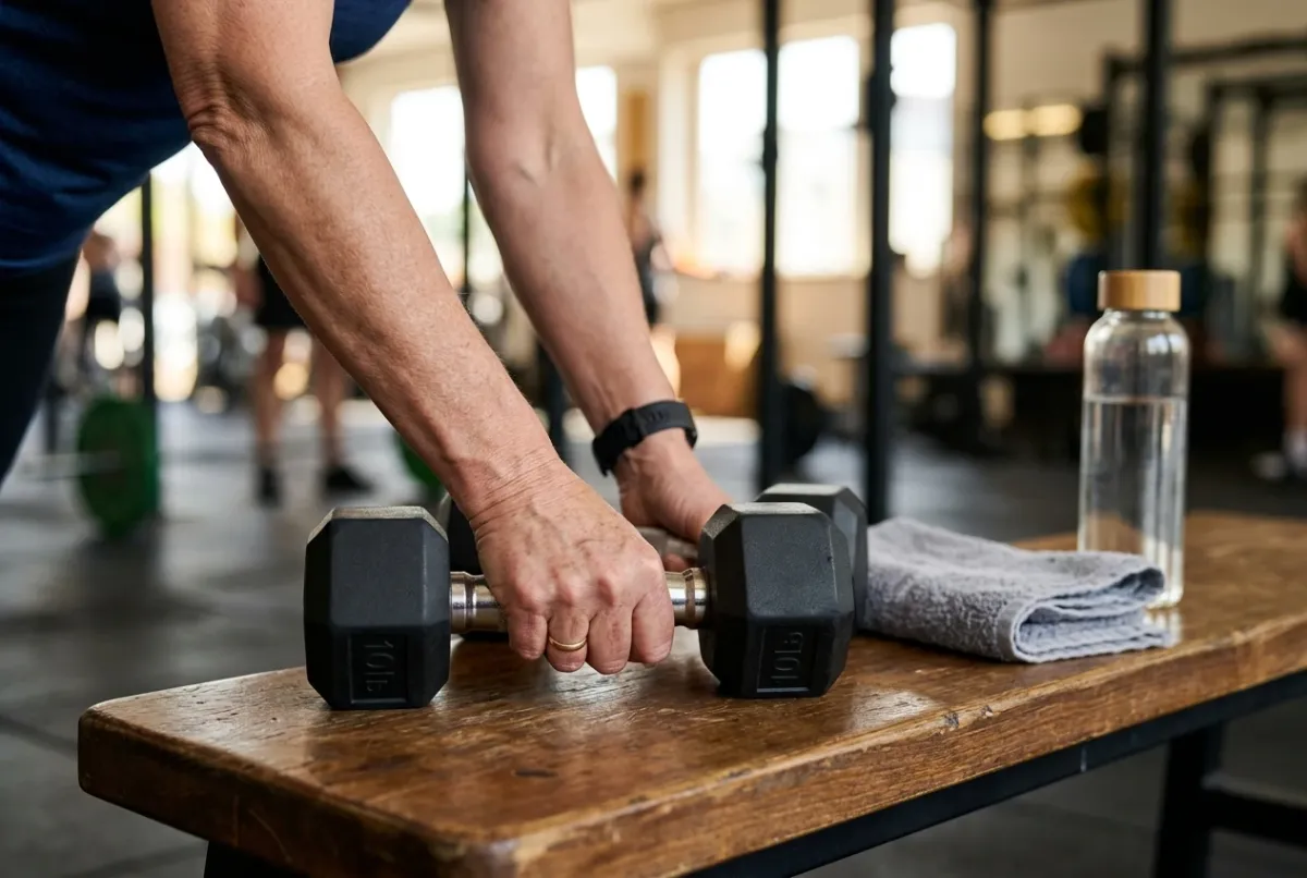 A woman's hands lifting a dumbbell, strength training as midlife metabolic care